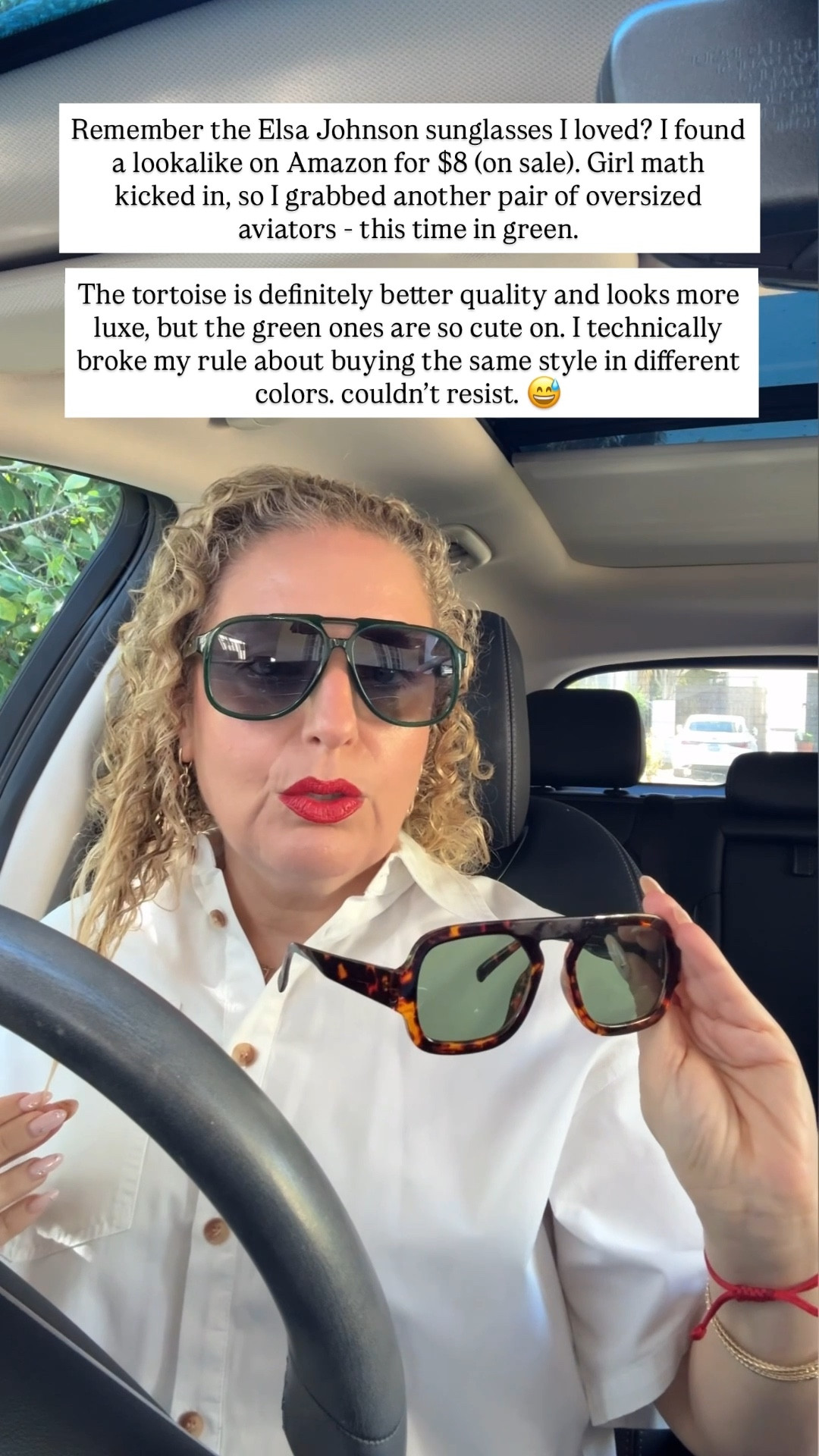 Remember the Elsa Johnson sunglasses I loved? I found a lookalike on Amazon for $8 (on sale). Girl math kicked in, so I grabbed another pair of oversized aviators — this time in green.

The tortoise is definitely better quality and looks more luxe, but the green ones are so cute on. I technically broke my rule about buying the same style in different colors… couldn’t resist. 😅

#LTKmomlife #LTKootd #LTKdayinmylife