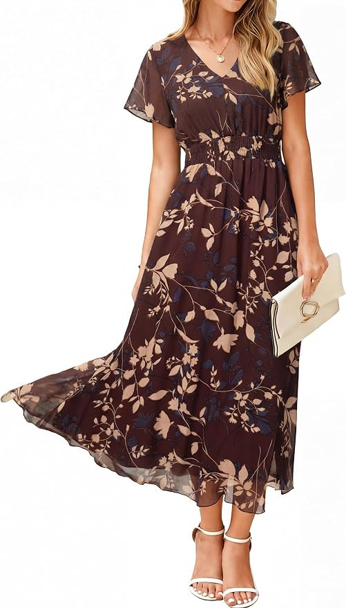 Simplee Womens Floral Maxi Dress - Short Sleeve Summer Boho Wedding Guest Dress Empire Waist Chif... | Amazon (US)