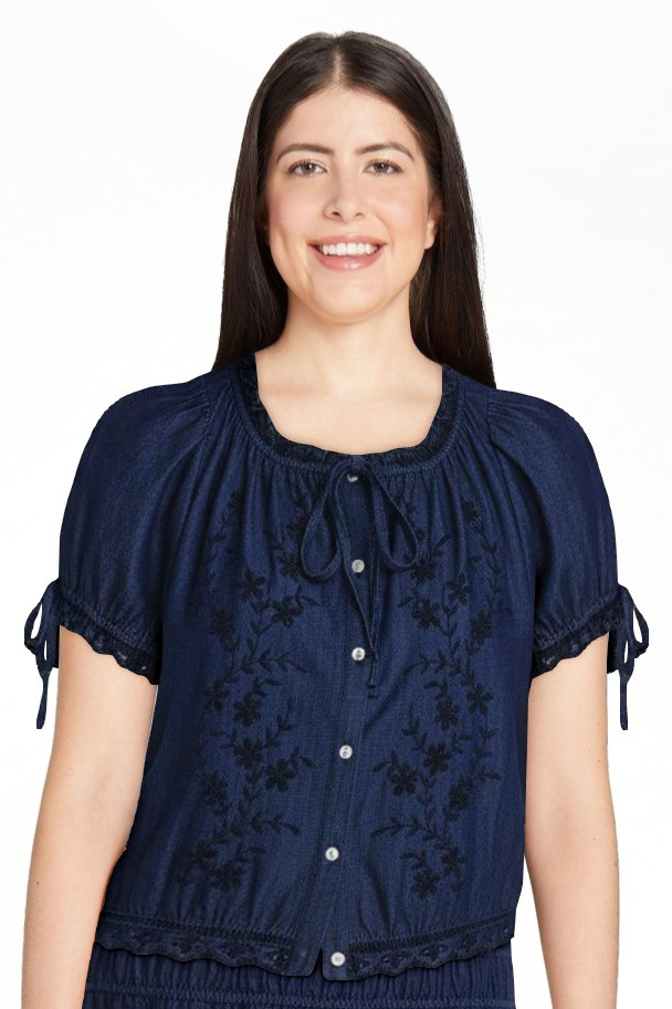Free Assembly Women's and Women's Plus Embroidered Cropped Cotton Top with Short Sleeves, Sizes-X... | Walmart (US)