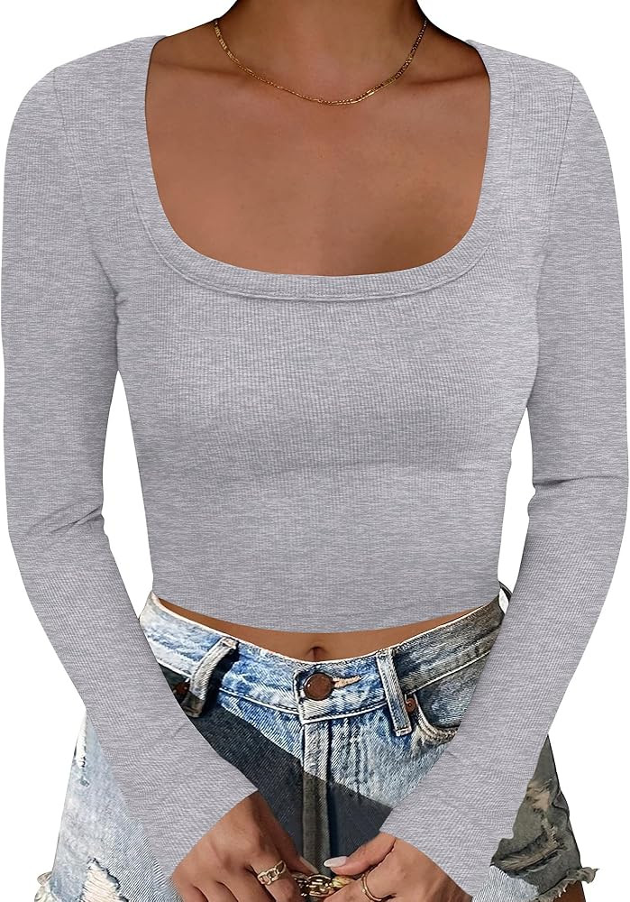 ANRABESS Women's Long Sleeve Square Neck Crop Top Ribbed Slim Fitted Basic Tee Layer Y2K Shirts F... | Amazon (US)