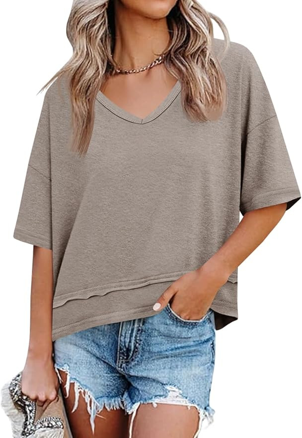 Cicy Bell Womens Summer V Neck T Shirts Casual Short Sleeve Flowy Tops Cute Loose Fit Basic Tees | Amazon (US)