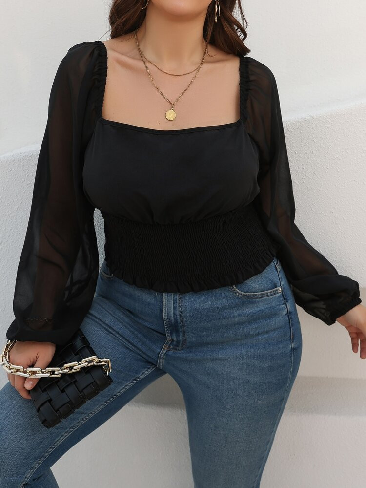 Plus Square Neck Lantern Sleeve Shirred Waist Blouse | SHEIN