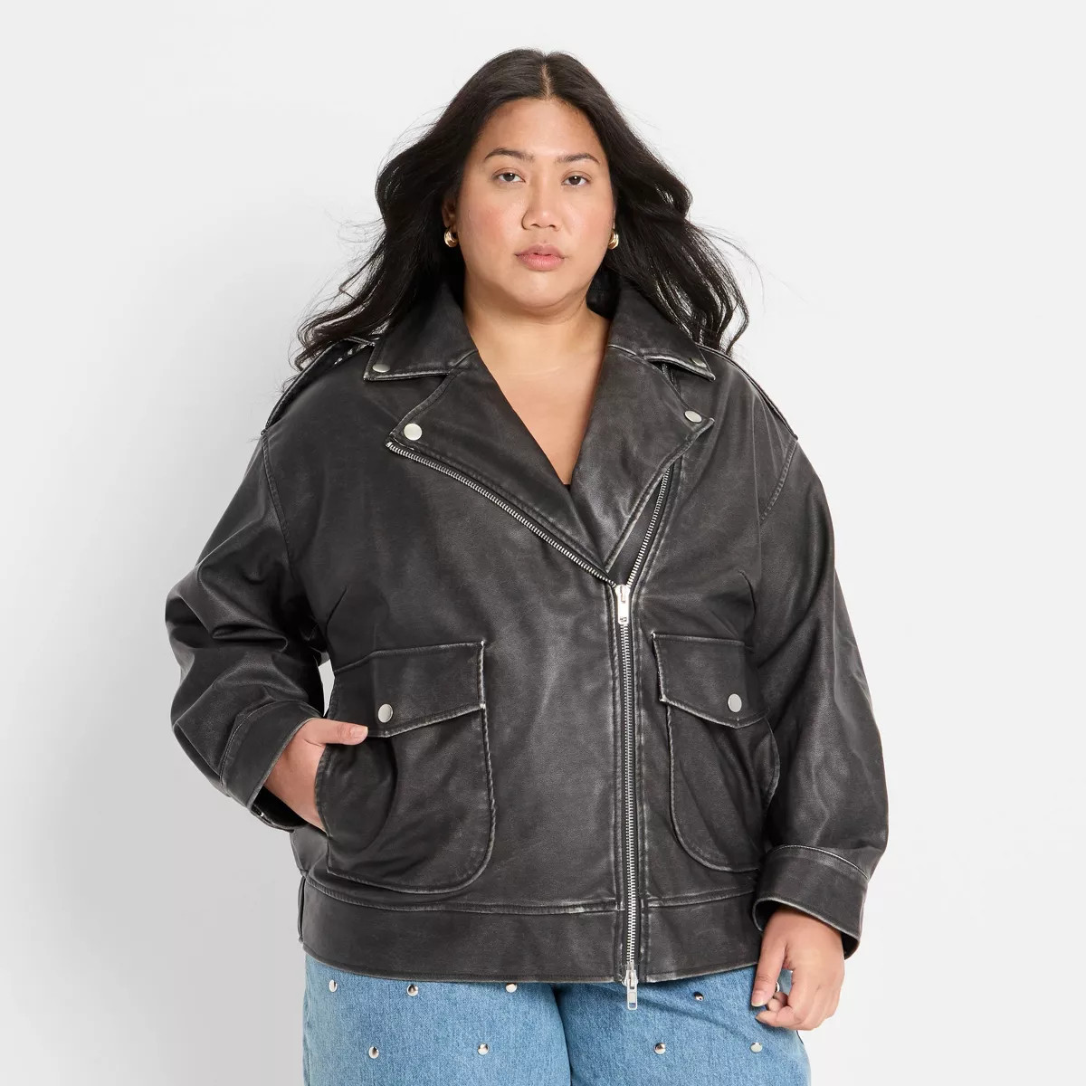 Women's Relaxed Leather Moto Jacket - Future Collective Black 3X | Target