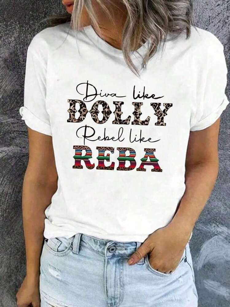 Unisex "Diva Like Dolly, Rebel Like Reba" Graphic 100% Cotton T - Shirt Cotton Women Clothing | SHEIN