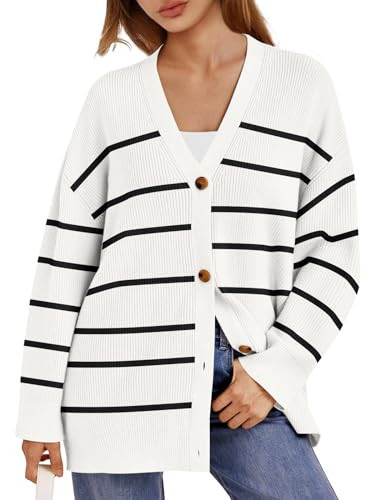 LILLUSORY Women Oversized Cardigan Sweater 2025 Fall Outfits Cloth Fashion V Neck Knit Button Front Casual Trendy Tops White Medium | Amazon (US)