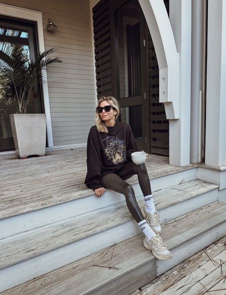 Cozy morning look 🖤 Anine Bing sweatshirt, black shine leggings, ALO socks and sneakers  

#LTKtravel #LTKstyletip #LTKfitness