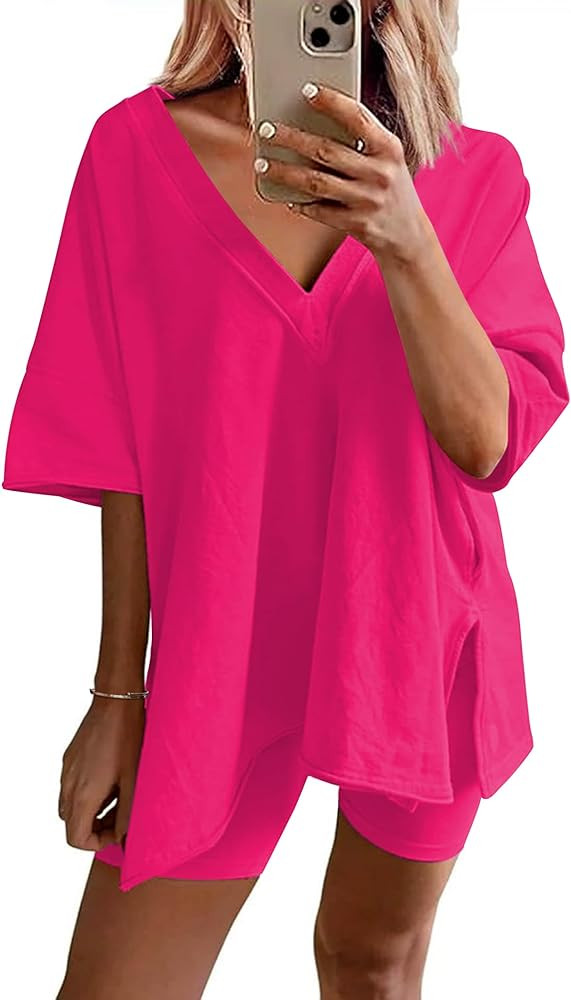 Ekouaer Womens Pajamas 2 Piece Lounge Sets Oversized V Neck T-Shirts Tops Biker Shorts Set Workou... | Amazon (US)