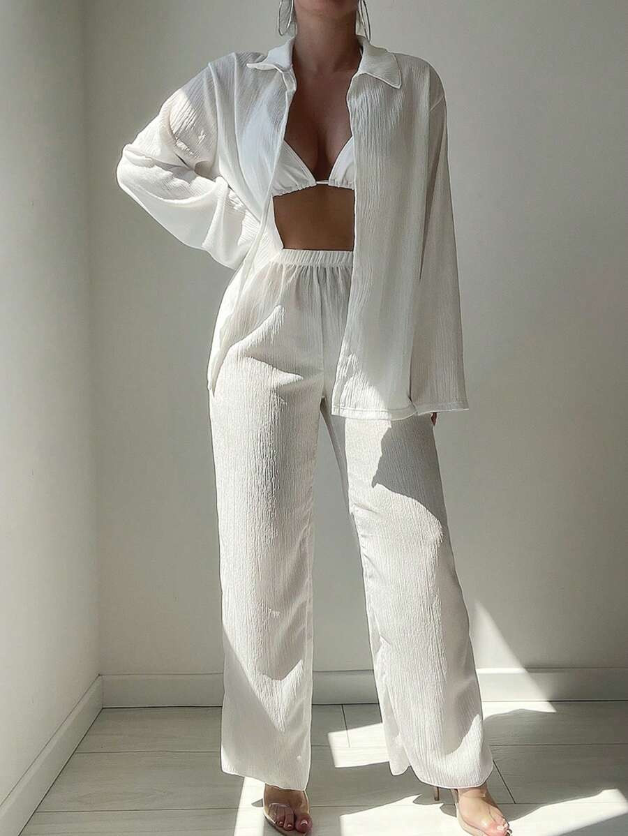 SHEIN Swim 2pcs Women Summer Vacation Solid Color Long Sleeve Lapel Cover Up And High Waist Strai... | SHEIN