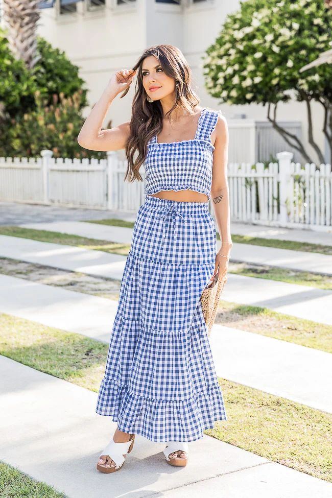 Sitting Parkside Navy Gingham Maxi Skirt | Pink Lily