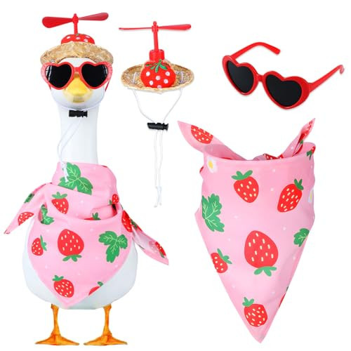 TAKEALOOKO Pink Strawberry Porch Goose Outfits - 3 Pcs Cute Strawberries Fly Straw Hat, Glasses & Bib for 17-23'' Cement Plastic Geese Duck Statue, Garden Yard Patio Party Decoration | Amazon (US)