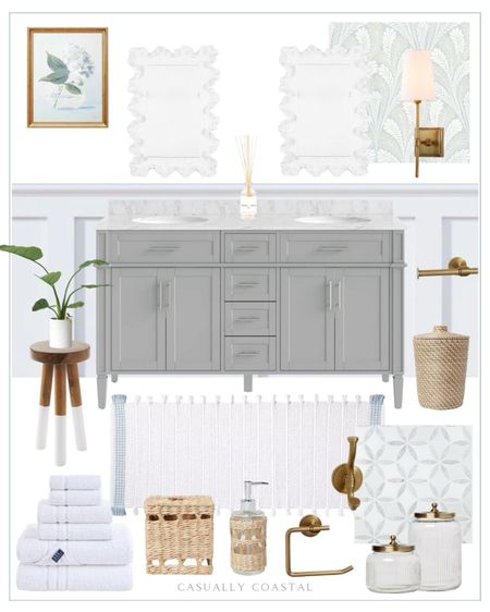 Sharing some coastal guest bathroom inspiration on this Mood Board Monday! Several items currently on sale, including the bathroom vanity and mirrors!
- 
Coastal bathroom, guest bathroom ideas, coastal bathroom decor, bathroom styling, bathroom furniture, coastal home decor, bright bathroom, rectangular mirror, bathroom mirror, coastal bathroom, Ballard designs mirror, bouquet framed wall canvas board, coastal artwork, bath rug, blue and white bath rug, polished marble look wall tile, bathroom tile, double bathroom vanity, gray bathroom vanity, coastal vanity, marble top vanity, woven tissue cover, bathroom accessories, faux plants, Amazon reed diffuser, woven and glass soap pump, white bath towels, Amazon bath towels, gold hardware, wastebasket, glass canister brass, brass hardware, dip dyed stool, bathroom stool, Pearson shade sconce, blue york textures floral, bathroom lighting, bathroom sconces, brass sconces, brass towel rings, bathroom hooks, target artwork, hydrangea artwork, bathroom artwork, woven trash can, bathroom runner, blue & white bath mat, toilet paper holder

#LTKfindsunder100 #LTKsalealert #LTKhome