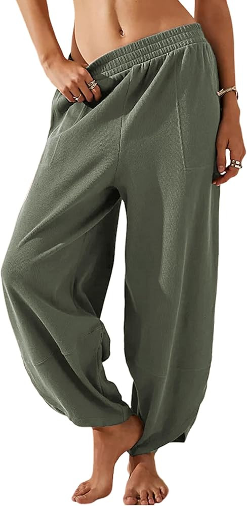 Himosyber Women Cotton Pants Wide Leg Pants Casual Loose Baggy Elastic Waist Beach Palazzo Harem ... | Amazon (US)