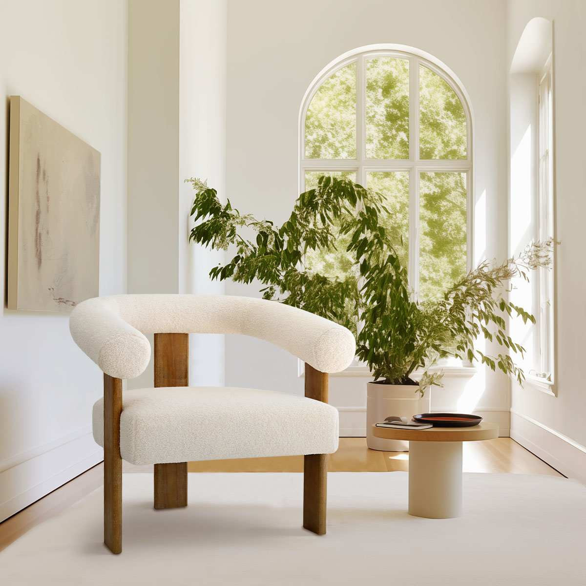 Maison Boucle Single Modern Beige Boucle Accent Chair with Upholstered Lounge Seat Curved Back Armrest for Living Room one_size in White | Lowe's