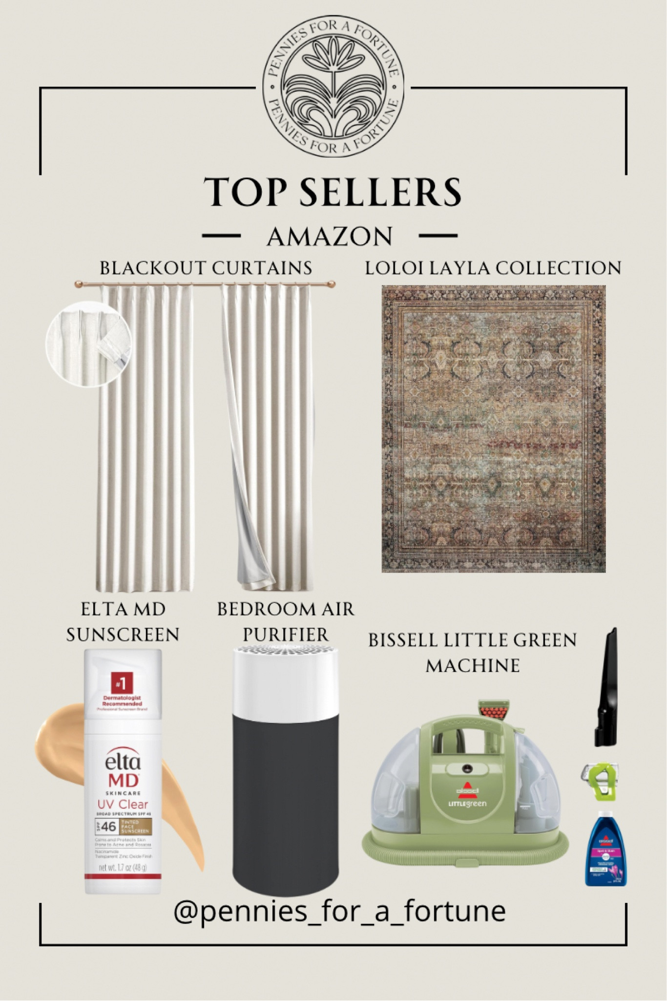Here are my Amazon top sellers for this month, Ivapupu blackout curtains, loloi Layla collection rug, elta md sunscreen, bissell little green machine, blueair air purifier 

#LTKStyleTip #LTKHome