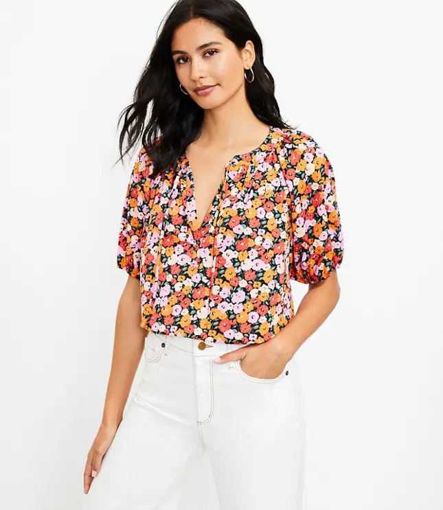 Floral Tie Neck Puff Sleeve Top | LOFT