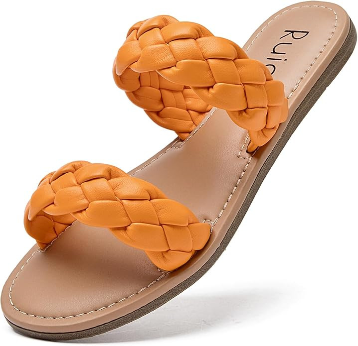 Women's Flat Slides Sandals, Round Open Toe Braided Strap Slippers Comfortable Casual Summer Beac... | Amazon (US)