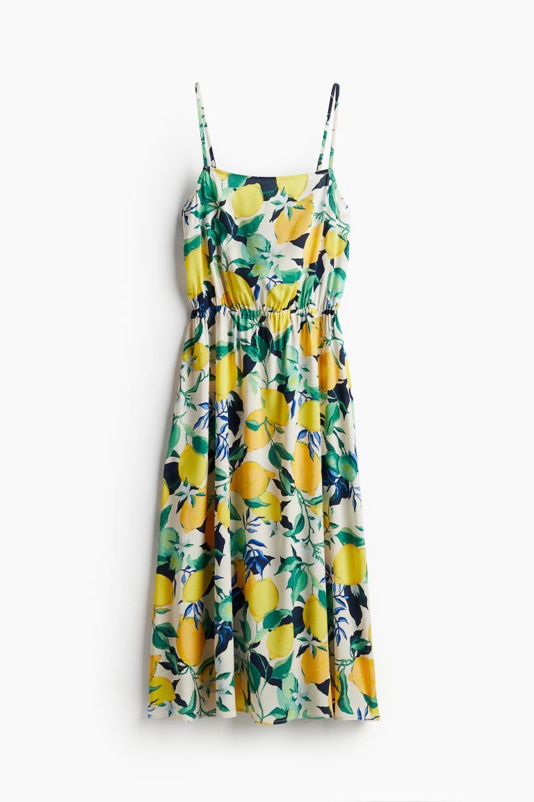 Viscose Dress with Narrow Shoulder Straps - Sleeveless - Midi - Cream/lemons - Ladies | H&M US | H&M (US + CA)