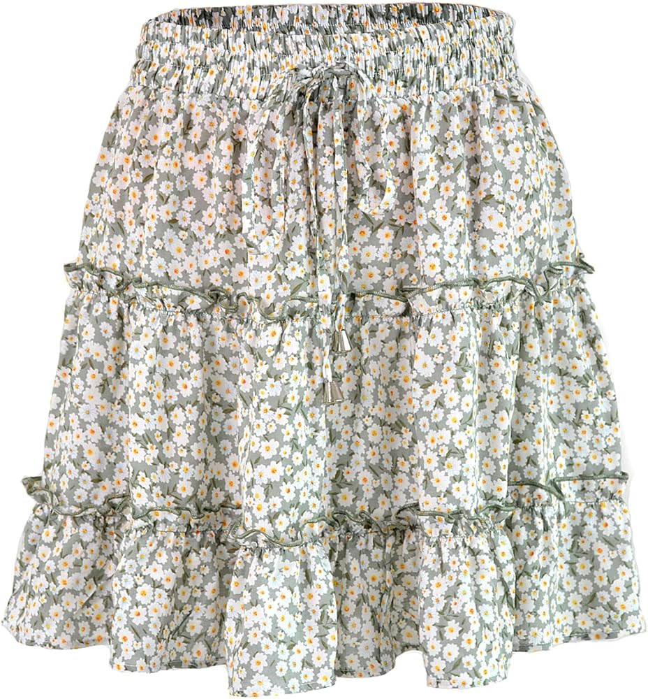 Locachy Women's Summer Floral Print Flowy Skirt High Waist with Drawstring Ruffle Flared Swing Be... | Amazon (US)