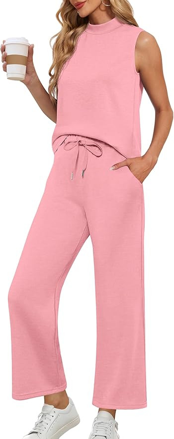 Lepunuo Two Piece Sets for Women Summer Mock Neck Sleeveless Top Wide Leg Pants Lounge Sets Vacat... | Amazon (US)