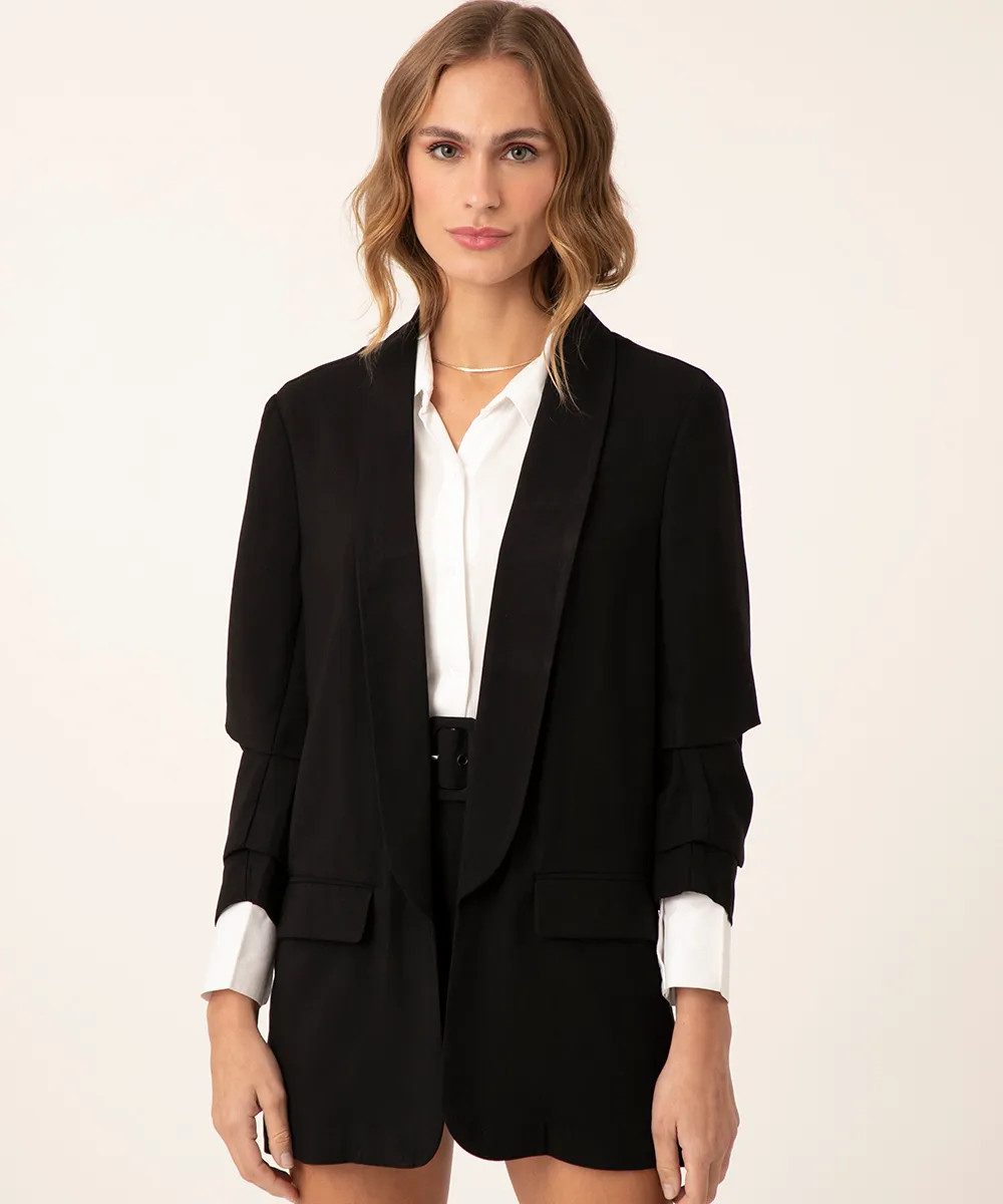 Blazer Feminino Longo com Bolsos Manga 7/8 Preto | C&A (BR)