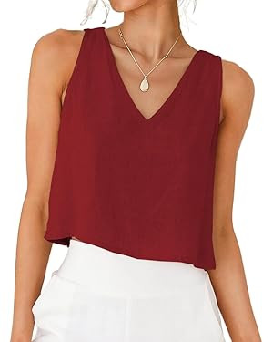 IDEALSANXUN Womens V Neck Cropped Linen Tank Tops Spring Summer Sleeveless Shirts | Amazon (US)