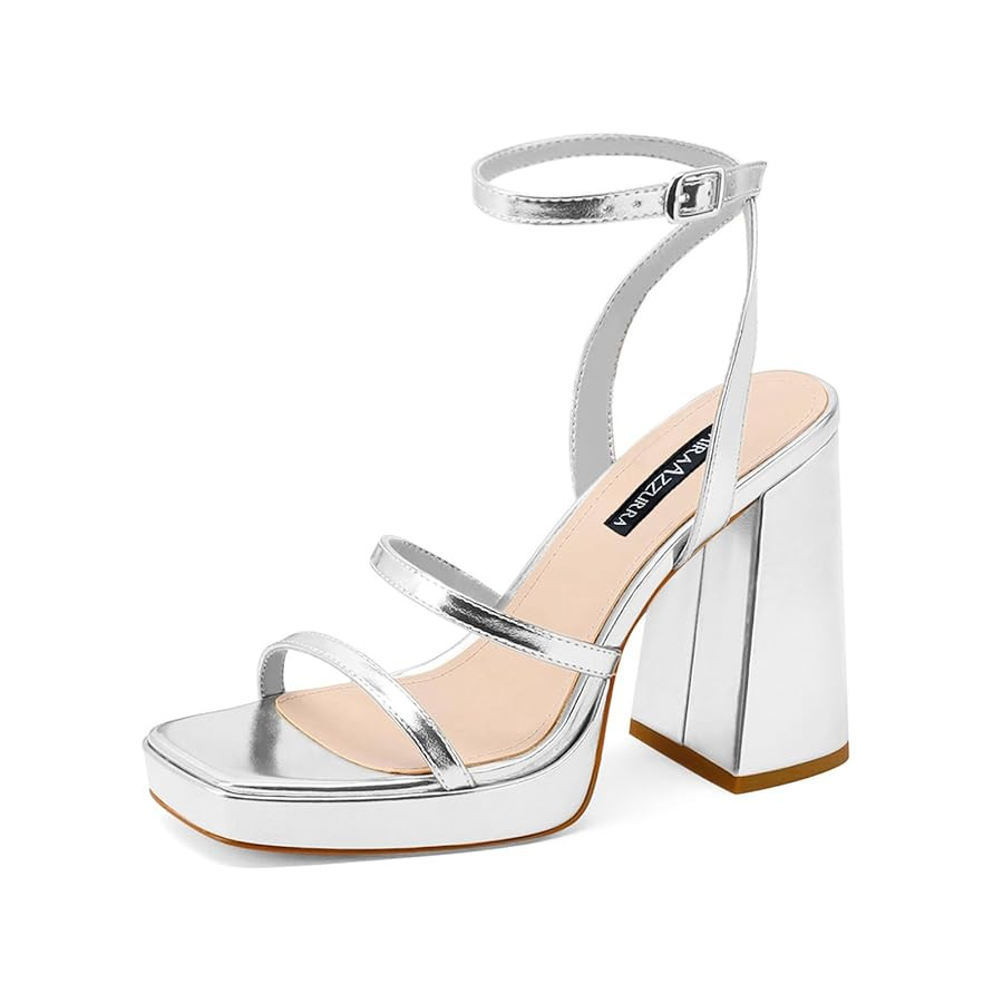 MIRAAZZURRA Platform Strappy Heel Sandals Square Open Toe Two Strap Chunky High Heeled Sandals wi... | Amazon (US)