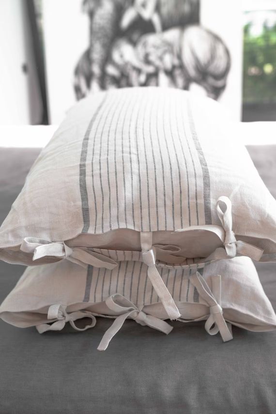 Linen Oatmeal Blue Striped Pillowcase with ties. Stone | Etsy | Etsy (US)