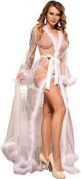 Lingerie for Women Lace Kimono Robe Sheer Gown Feather Bridal Robe Nightgown Bathrobe Robe with F... | Amazon (US)