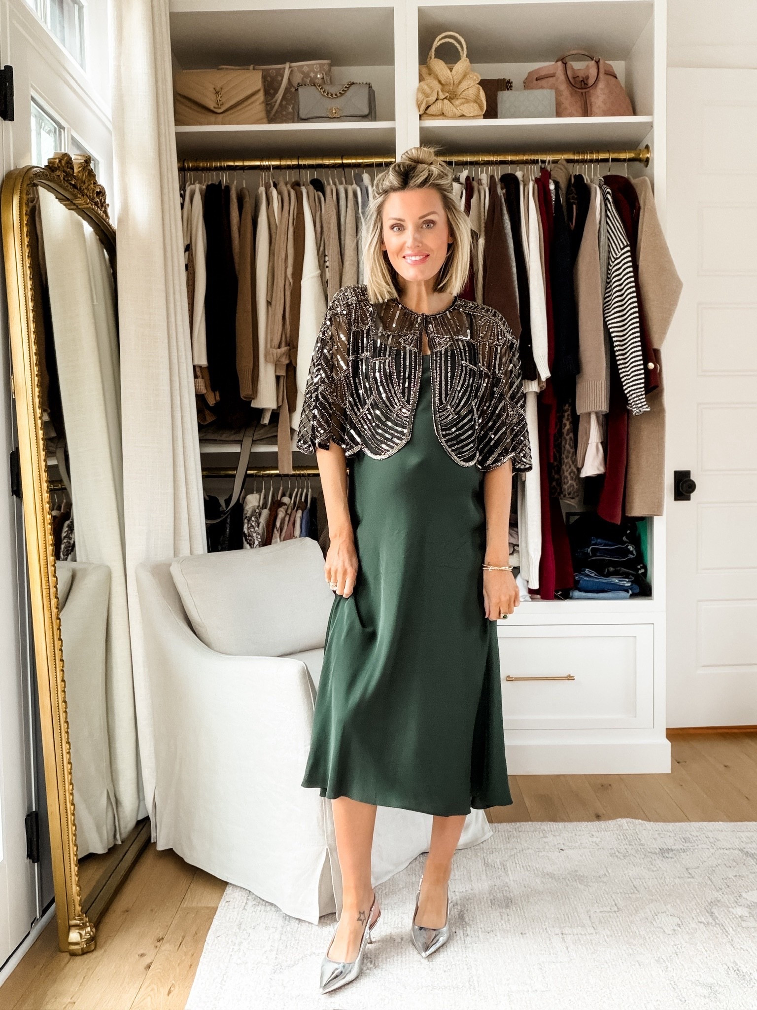 If you’re pregnant and have something you’re dressing up for, but didn’t want to spend a lot of money on something you can only wear while pregnant, get this beaded cape! This is stunning, and it’s the perfect addition to a simple slip dress! Love how this look turned out! Wearing S in this maternity slip dress!

Loverly Grey, Quince, Anthropologie, holiday looks, New Year’s Eve, winter wedding guest, maternity, accessories 

#LTKHoliday #LTKSeasonal