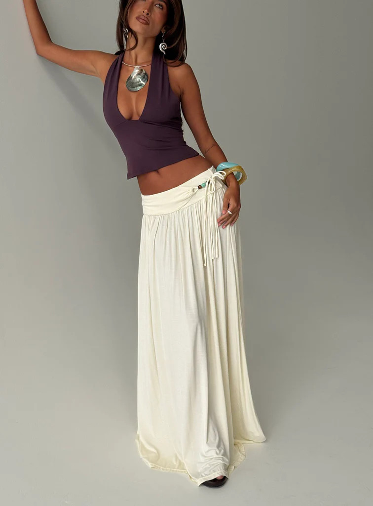 Velvet Storm Tie Detail Flowy Maxi Skirt Cream | Princess Polly US