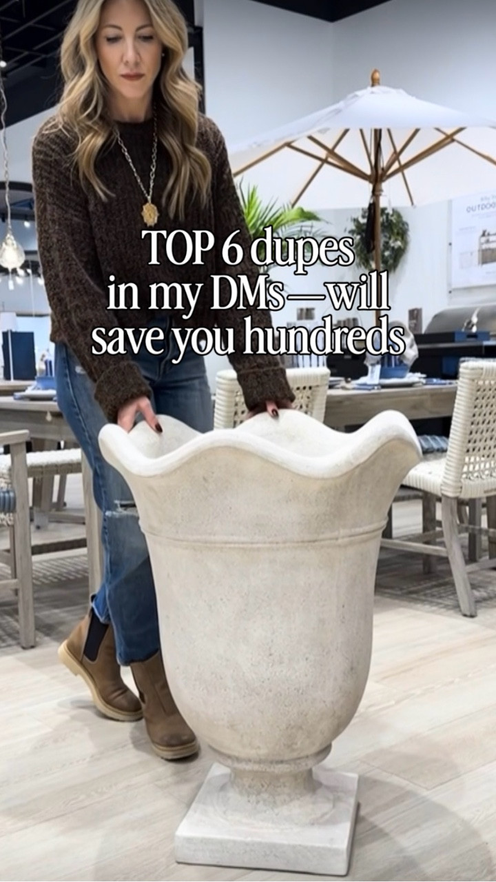 
My top requested items in my DMs right now: The Frontgate planter hundreds less than Lowe’s! 
Lanterns that looks just like McGee and co. An RH style sofa for WAY less and the fire stand that gives the best ambiance!

#LTKSeasonal #LTKSaleAlert