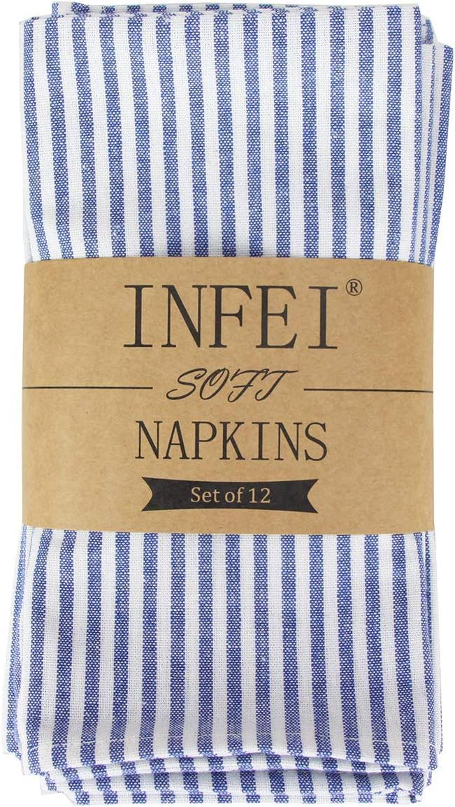 INFEI Soft Plain Striped Linen Cotton Dinner Cloth Napkins - Set of 12 (17 x 17 inches) - for Eve... | Amazon (US)