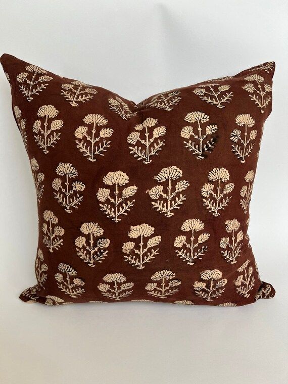 Mira | Floral hand block print pillow cover | Maroon & cream floral print pillow cover| Double si... | Etsy (US)