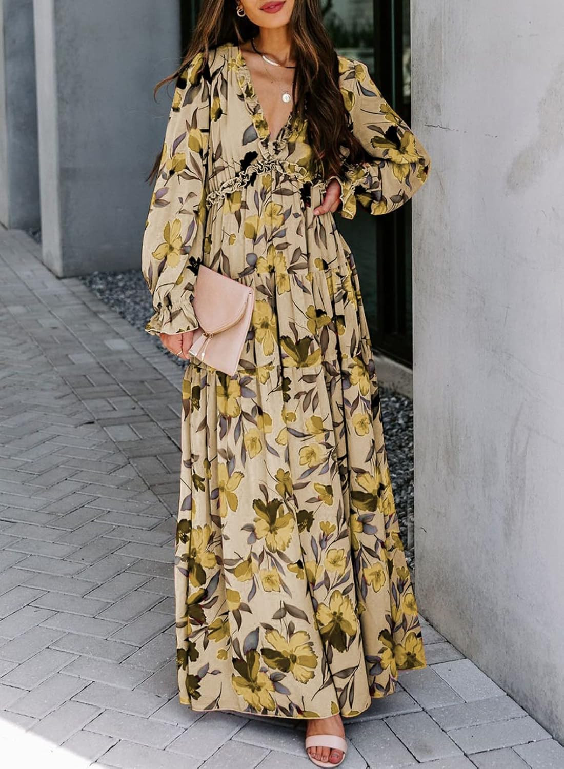 BLENCOT Womens Casual Floral Deep V Neck Long Sleeve Long Evening Dress Cocktail Party Maxi Weddi... | Amazon (US)