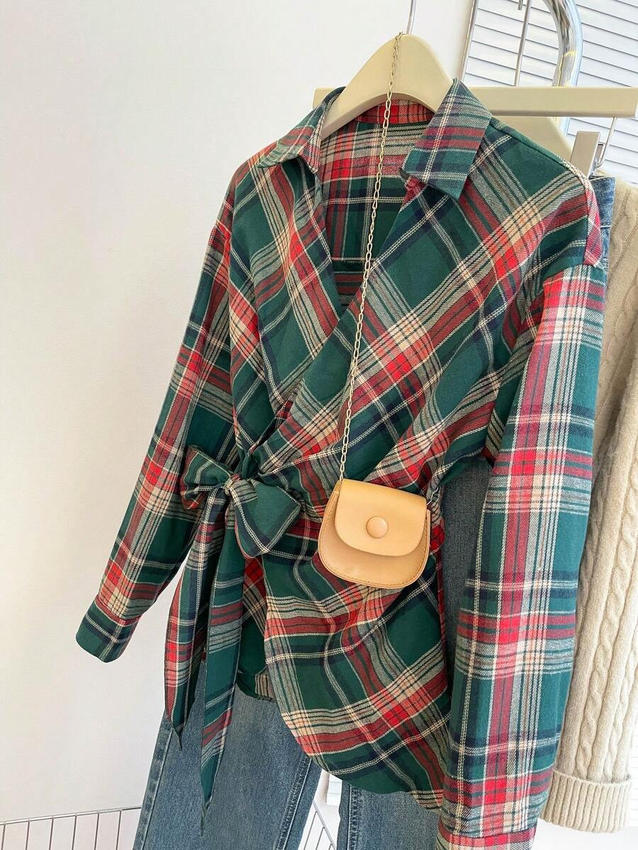 Christmas & New Year Business Casual Plaid Bowknot Waist Long Sleeve Fitted Women Shirt, Autumn/W... | SHEIN