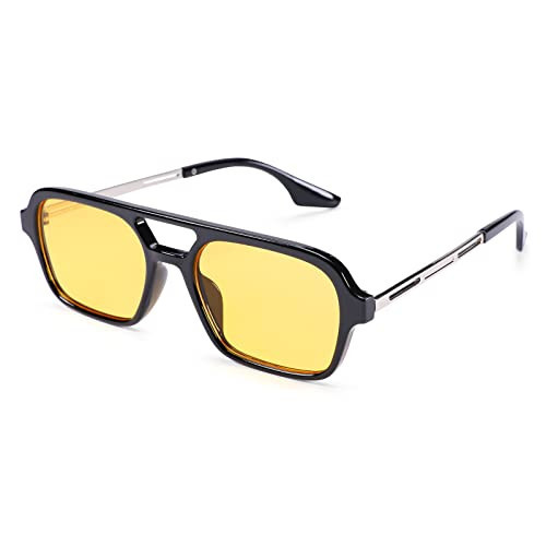 Pro Acme Vintage 70s Flat Pilot Sunglasses for Women Men, Small Frame Rectangular Glasses UV400 Protection Shades (Black Frame | Yellow Lens) | Amazon (US)