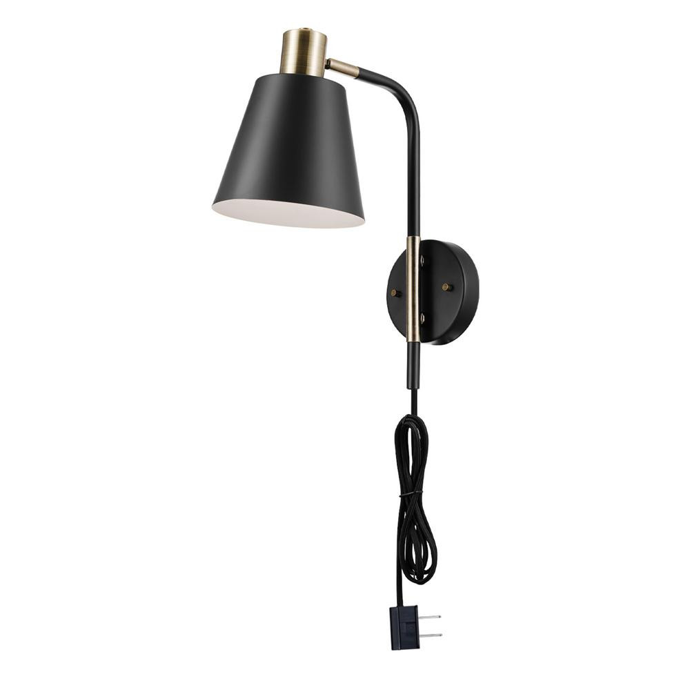 Novogratz x Globe Electric Cleo 1-Light Matte Black Plug-In or Hardwire Wall Sconce with Antique Bra | The Home Depot