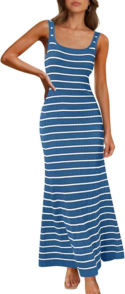MEROKEETY Women's 2025 Sleeveless Summer Tank Dress Striped Bodycon Maxi Dress Square Neck Ribbed... | Amazon (US)