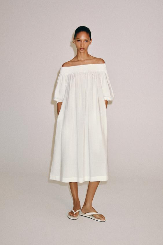 Zara - Zw Collection Off-The-Shoulder Midi Dress - White - M - Woman | Zara US