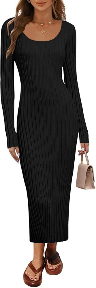 MEROKEETY Women's Fall Long Sleeve Sweater Dress Casual Ribbed Knit Slim Fit Bodycon Maxi Dresses | Amazon (US)