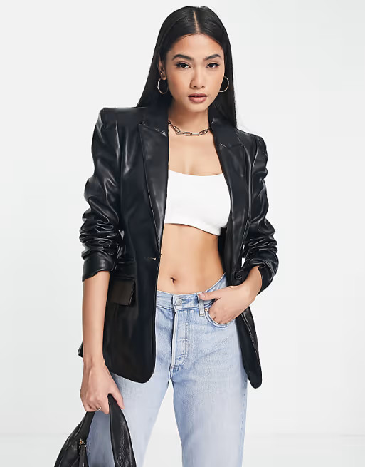 River Island fitted faux leather blazer jacket in black | ASOS (Global)