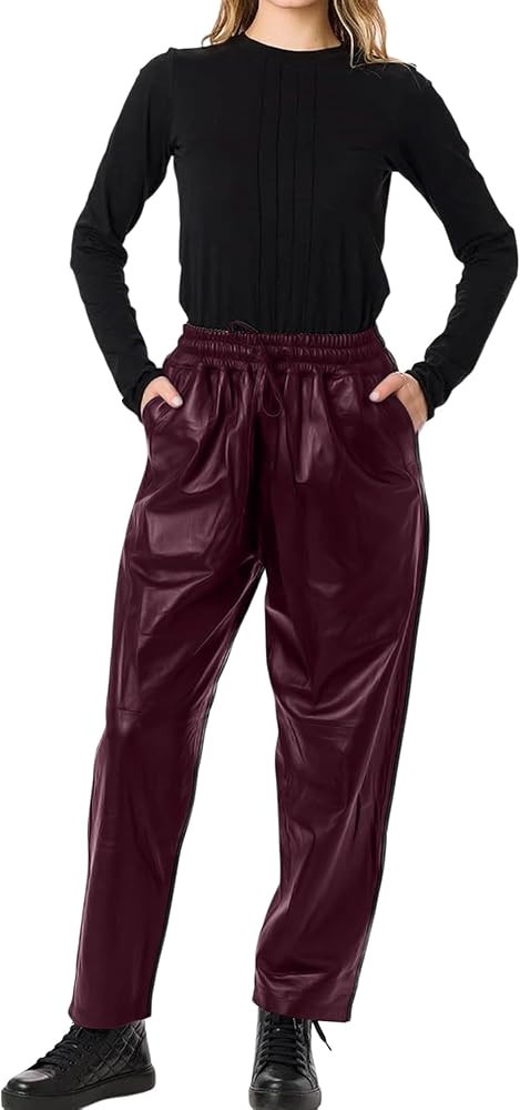 Jild Real Lambskin Leather Pants for Women Comfortable Drawstring Versatile Design Elastic Waistb... | Amazon (US)