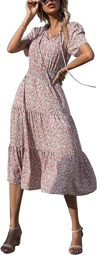 BTFBM Women Boho Floral Print Casual Dress Summer Sexy Tie V Neck Short Sleeve Vintage Elastic A-... | Amazon (US)