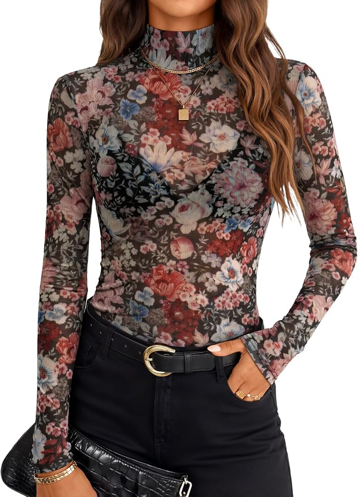 ZESICA Women's Mesh Sheer Turtleneck Long Sleeve Going Out Tops | Amazon (US)