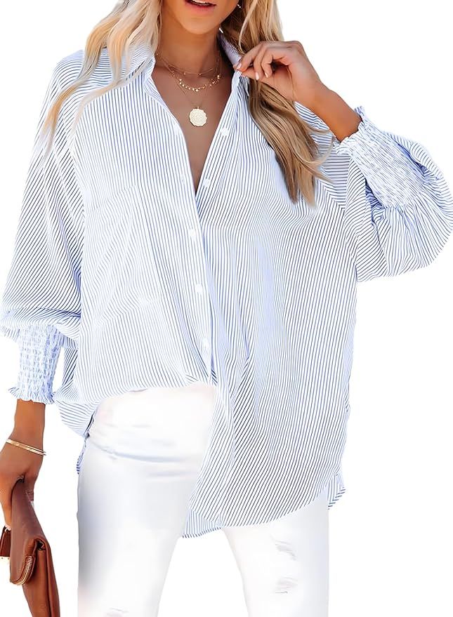 Dokotoo Womens V Neck Striped Button Down Shirts Long Sleeve Tunic Tops | Amazon (US)