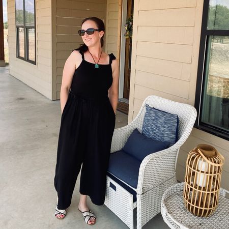 This black jumpsuit is so lightweight + summertime friendly! The ruffle shoulder straps are so feminine + flattering - perfect travel outfit or vacation outfit! 

#LTKFind #LTKunder50 #LTKSeasonal