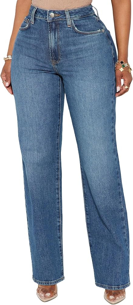 BessCops Straight Leg Jeans for Women High Waisted Wide Leg Stretchy Loose Denim Pants | Amazon (US)