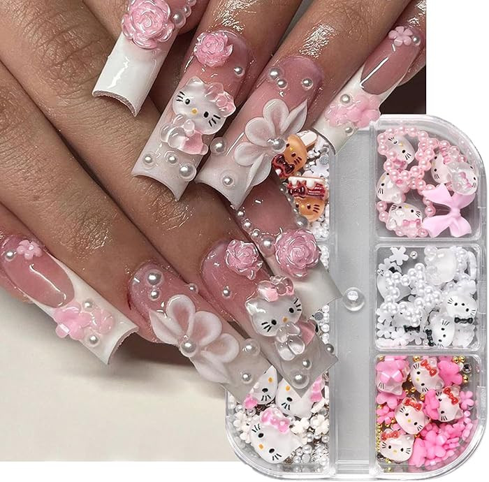 6Girds/Box Cartoon Nail Art Charms Set, 3D Cute Nail Rhinestones Charm Nail Bow and Heart 3D Flow... | Amazon (US)