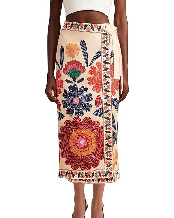 Womens Floral Wrap Midi Skirt Summer Adjustable Tie Side Casual High Waist A Line Beach Boho Long... | Amazon (US)