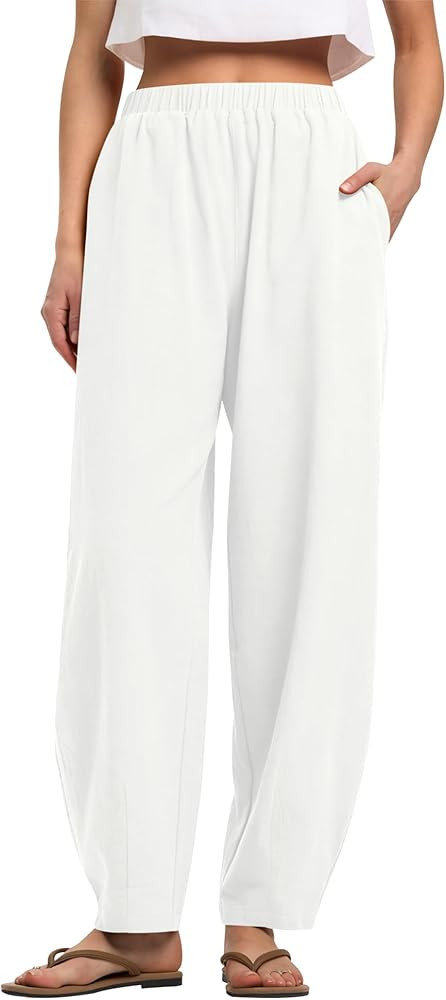 LOMON Linen Barrel Pants Women Wide Leg Palazzo Summer Baggy Harem Pants Boho Casual Trousers wit... | Amazon (US)